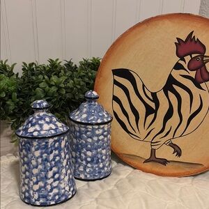 Farmhouse Salt/Peppe Blue Shakers Rooster Stool Sold SEPARATELY Final Sale